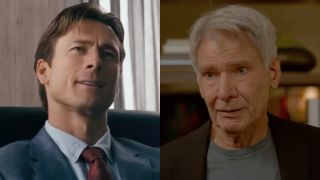 Glen Powell and Harrison Ford in a side-by-side photo.