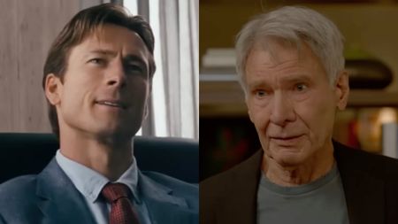 Glen Powell and Harrison Ford in a side-by-side photo.