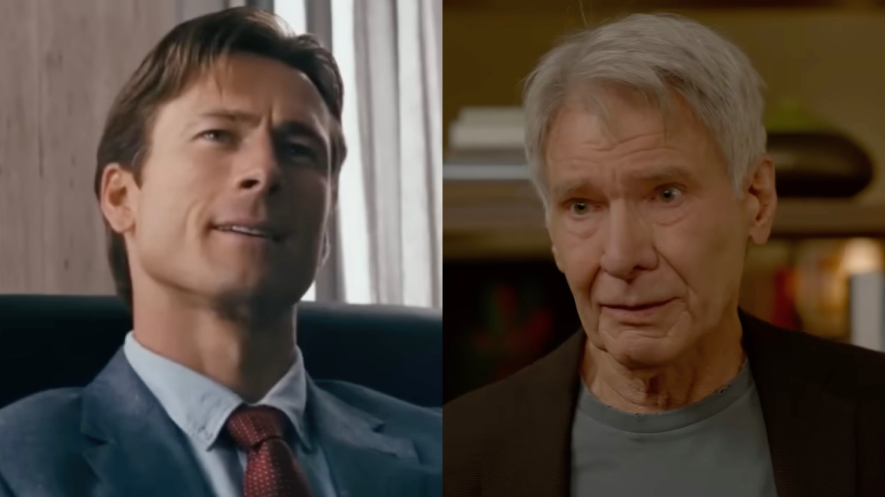 Glen Powell and Harrison Ford in a side-by-side photo.