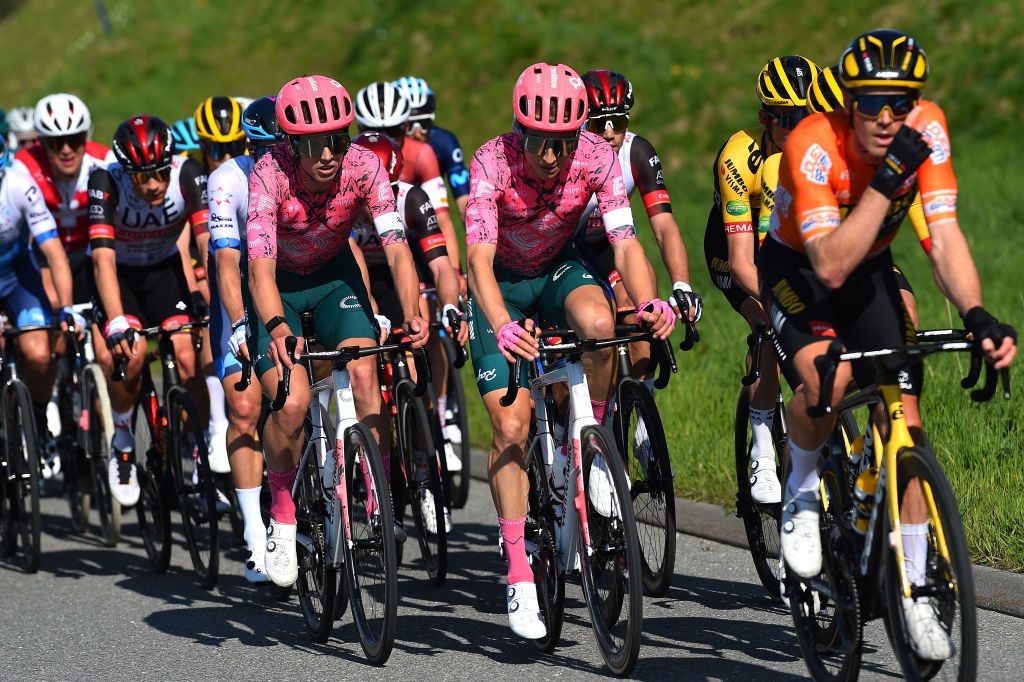 ROMONT SWITZERLAND APRIL 27 LR Sean Quinn of United States and Neilson Powless of United States and Team EF Education Easypost compete during the 75th Tour De Romandie 2022 Stage 1 a 178km stage from La Grande Beroche to Romont 777m TDR2022 on April 27 2022 in Romont Switzerland Photo by Dario BelingheriGetty Images