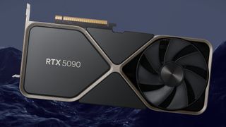 Nvidia GeForce RTX graphics card with mock up 5090 logo on front and mountains in backdrop