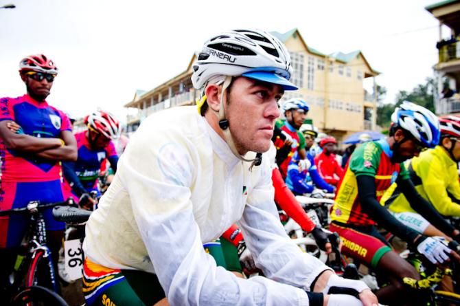 The race leader Shaun Davel (National Team South Africa) awaits to start