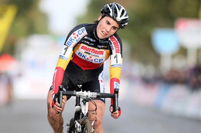 Belgian champion Sanne Cant (Enertherm-BKCP) crosses the line for 2nd place at Koppenbergcross
