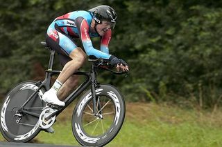 Luke Durbridge (Jayco/AIS) powers towards the gold medal in the men's under 23 national time trial championship in Learmonth near Ballarat.