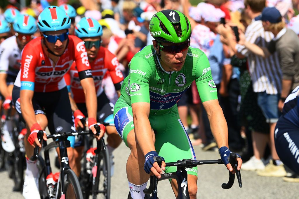 SONDERBORG DENMARK JULY 03 Fabio Jakobsen of Netherlands and QuickStep Alpha Vinyl Team Green Points Jersey competes during the 109th Tour de France 2022 Stage 3 a 182km stage from Vejle to Snderborg TDF2022 WorldTour on July 03 2022 in Sonderborg Denmark Photo by Tim de WaeleGetty Images