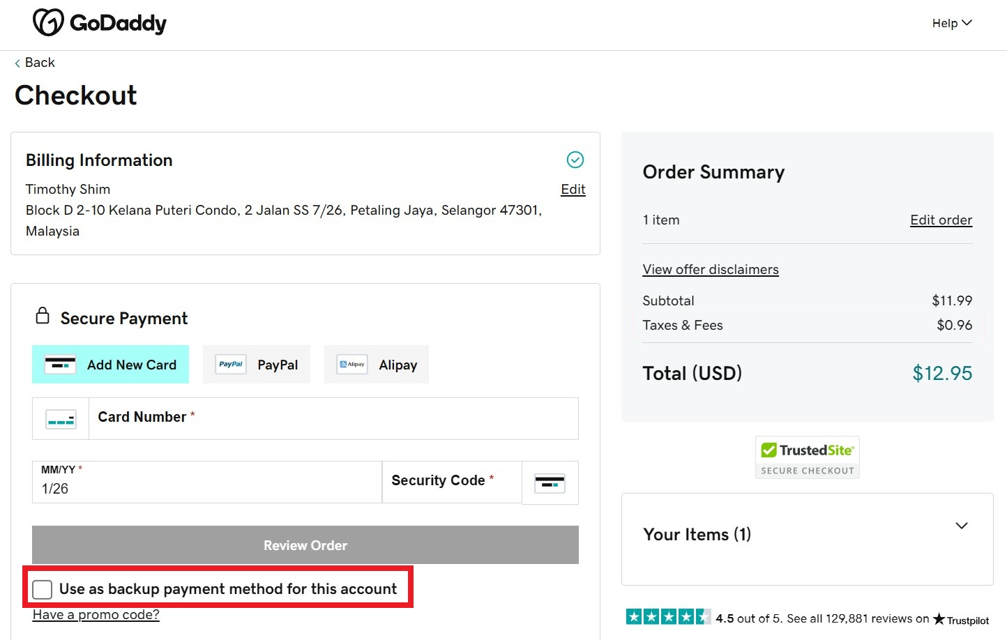 GoDaddy checkout page