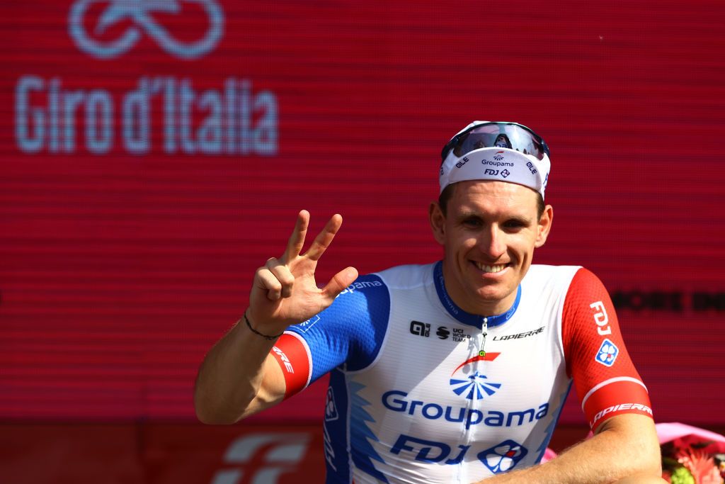 CUNEO ITALY MAY 20 Arnaud Demare of France and Team Groupama FDJ celebrates winning the stage on the podium ceremony after the 105th Giro dItalia 2022 Stage 13 a 150km stage from Sanremo to Cuneo 547m Giro WorldTour on May 20 2022 in Cuneo Italy Photo by Michael SteeleGetty Images