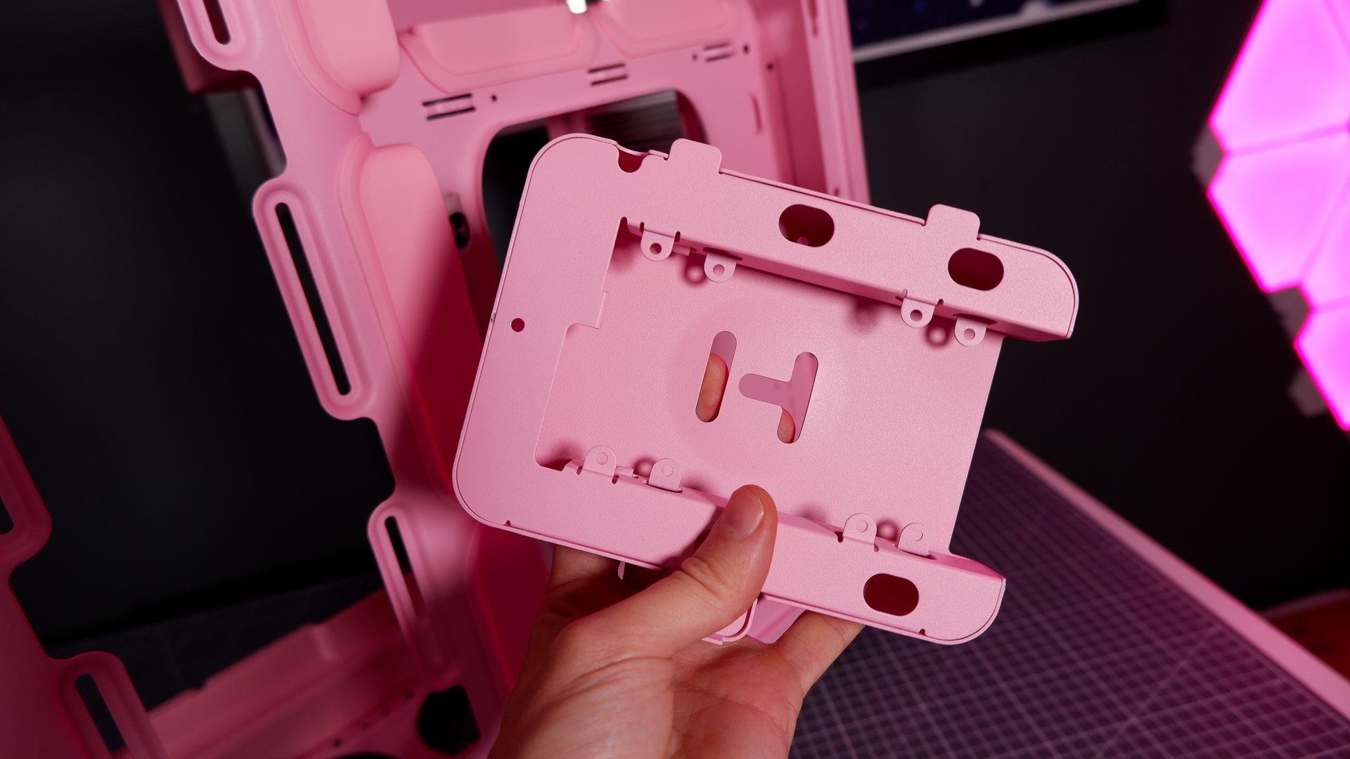 The Hyte X50 PC case on a desk ready to be built into for testing and review.
