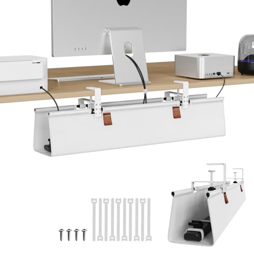 Keegh Under Desk Cable Management Tray White- 30" No Drill Cord Management Under Desk - Clamp/screw Mount - Premium Fabric Wire Management - Gaming/pc Cable Tray Cord Hiders for Office/home