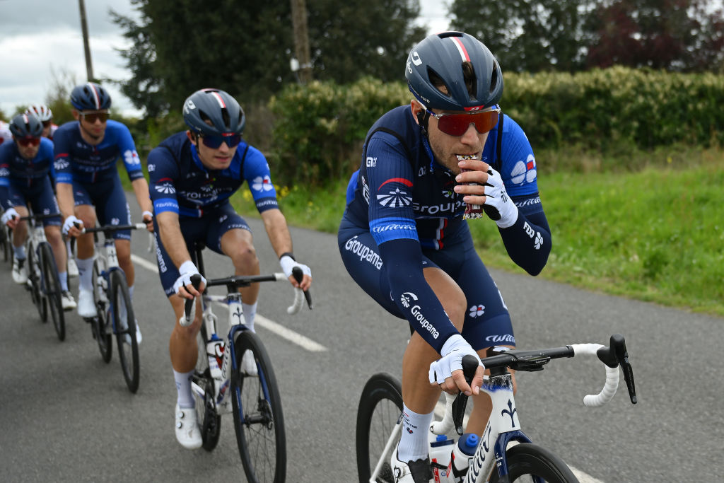SAUMUR FRANCE APRIL 03 Marc Sarreau of France and Team Groupama FDJ feeding during the 70th Region Pays de la Loire Tour 2024 Stage 2 a 1621km stage from Chateaubriant to Saumur on April 03 2024 in Saumur France Photo by Dario BelingheriGetty Images