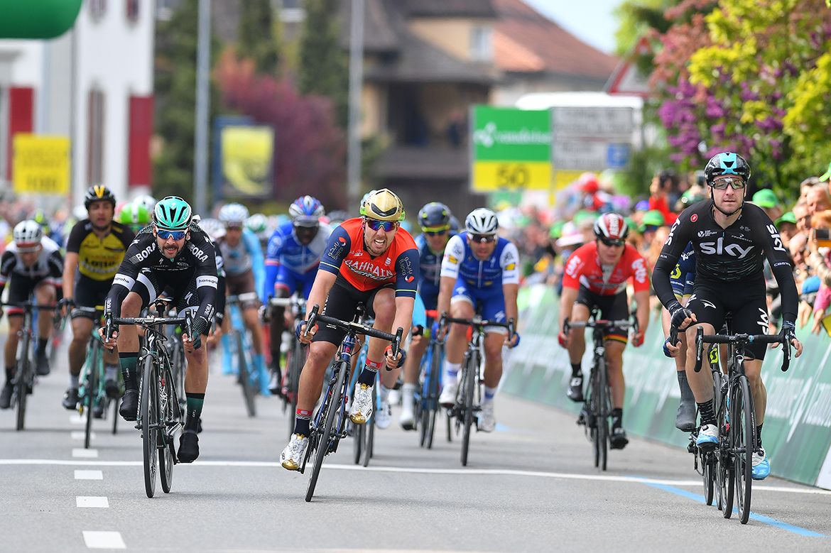 Elia Viviani sprints to victory in stage 3 of the Tour de Romandie.