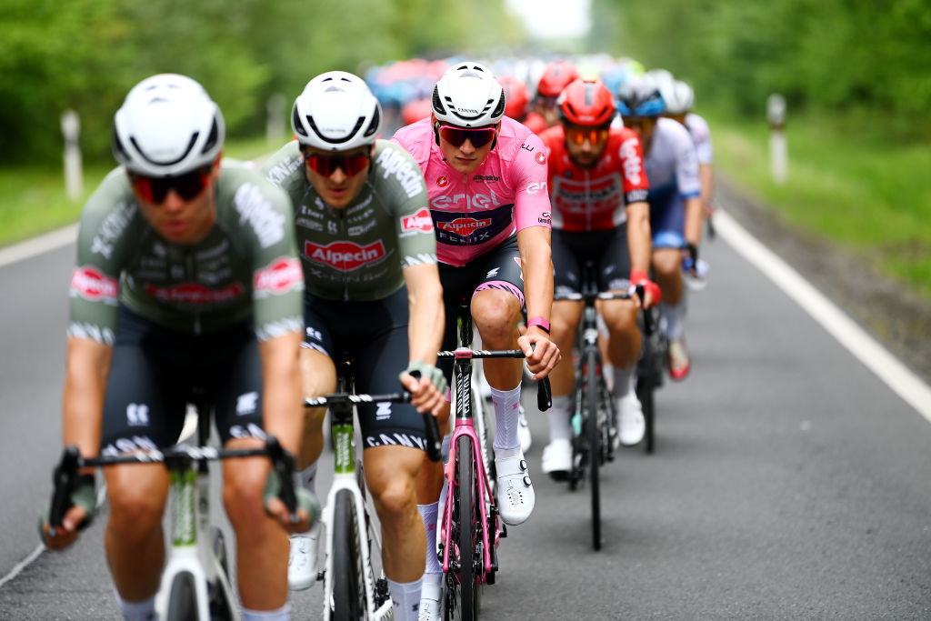 BALATONFURED HUNGARY MAY 08 Mathieu Van Der Poel of Netherlands and Team Alpecin Fenix pink leader jersey competes during the 105th Giro dItalia 2022 Stage 3 a 201km stage from Kaposvr to Balatonfred Giro WorldTour on May 08 2022 in Balatonfured Hungary Photo by Tim de WaeleGetty Images