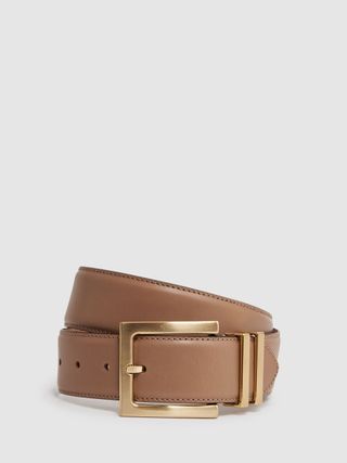 Leather Square Buckle Belt in Camel/taupe