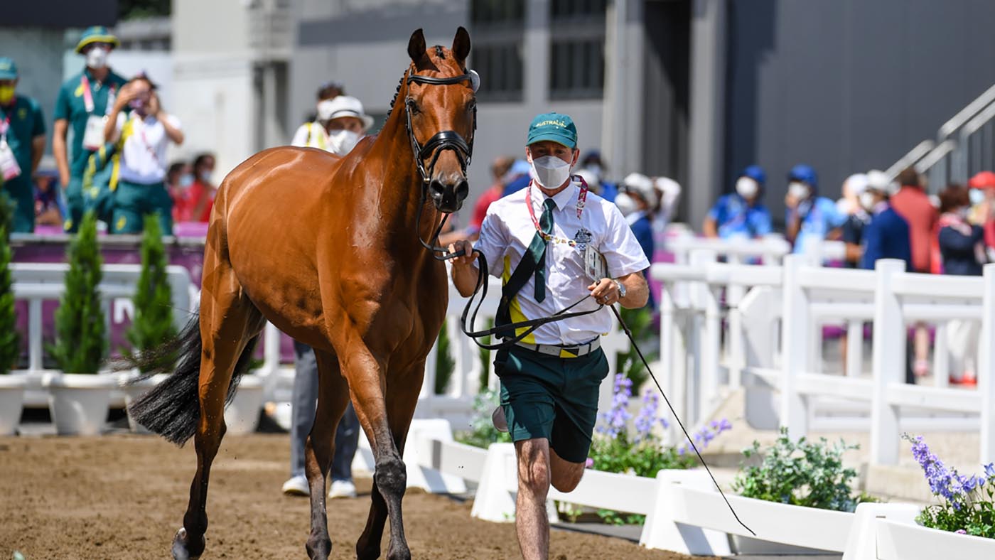 Australia&amp;rsquo;s Kevin McNab and Don Quidam during the first horse inspection at the Tokyo Olympics
