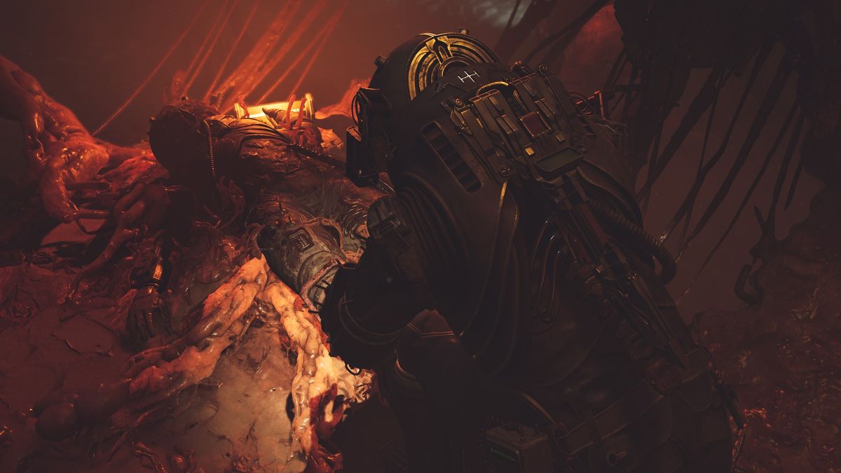 The Traveller taking the boots off a corpse.