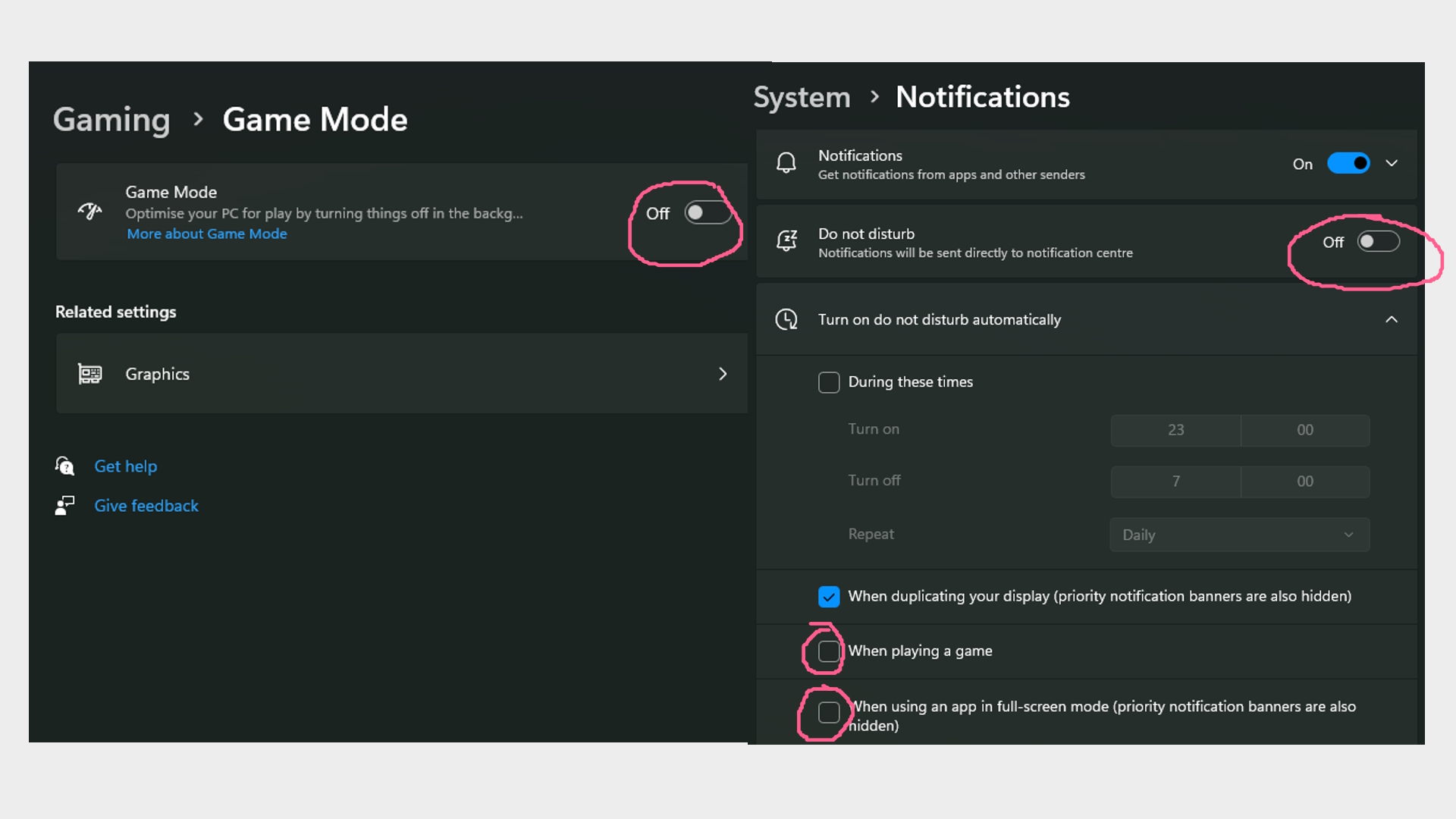 Captures d'écran des paramètres de Windows 11 pour arrêter la désactivation automatique des notifications