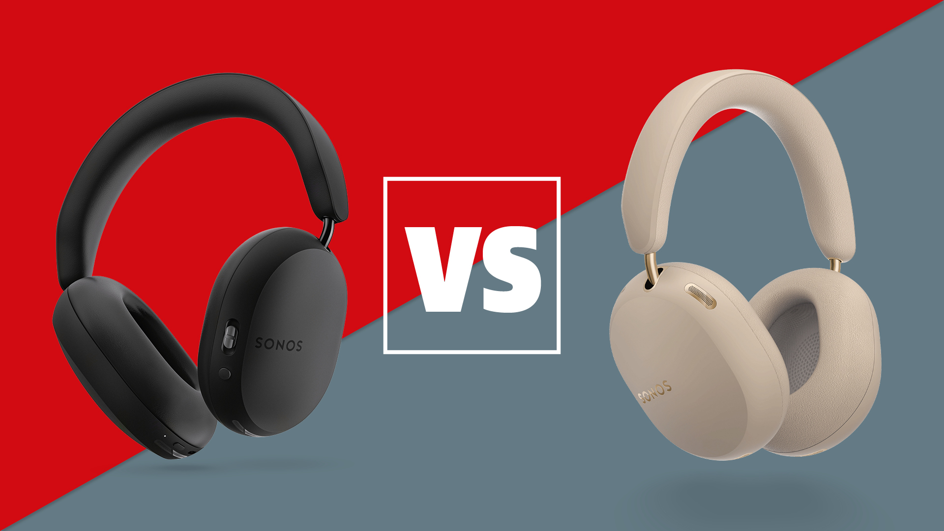 The Sonos Ace Ultra and Sonos Ace headphones on a grey and red background with a white versus sign between them.