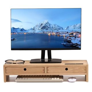 Kirigen Wood Monitor Stand With 2 Drawers - Computer Arm Riser Desk Storage Organizer,speaker Tv Laptop Printer Stand With Pen Slot and Cable Management,2-Tier Desktop Shelf Na-2pmj