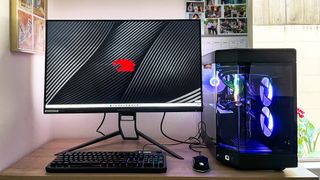 iBuyPower Y60 review unit on desk hooked up to Acer Predator gaming monitor