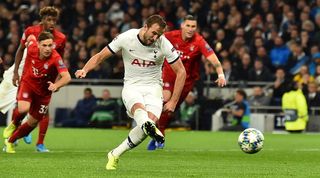 Tottenham striker Harry Kane scores a penalty in the 7-2 defeat against Bayern Munich in the Champions League in October 2019.