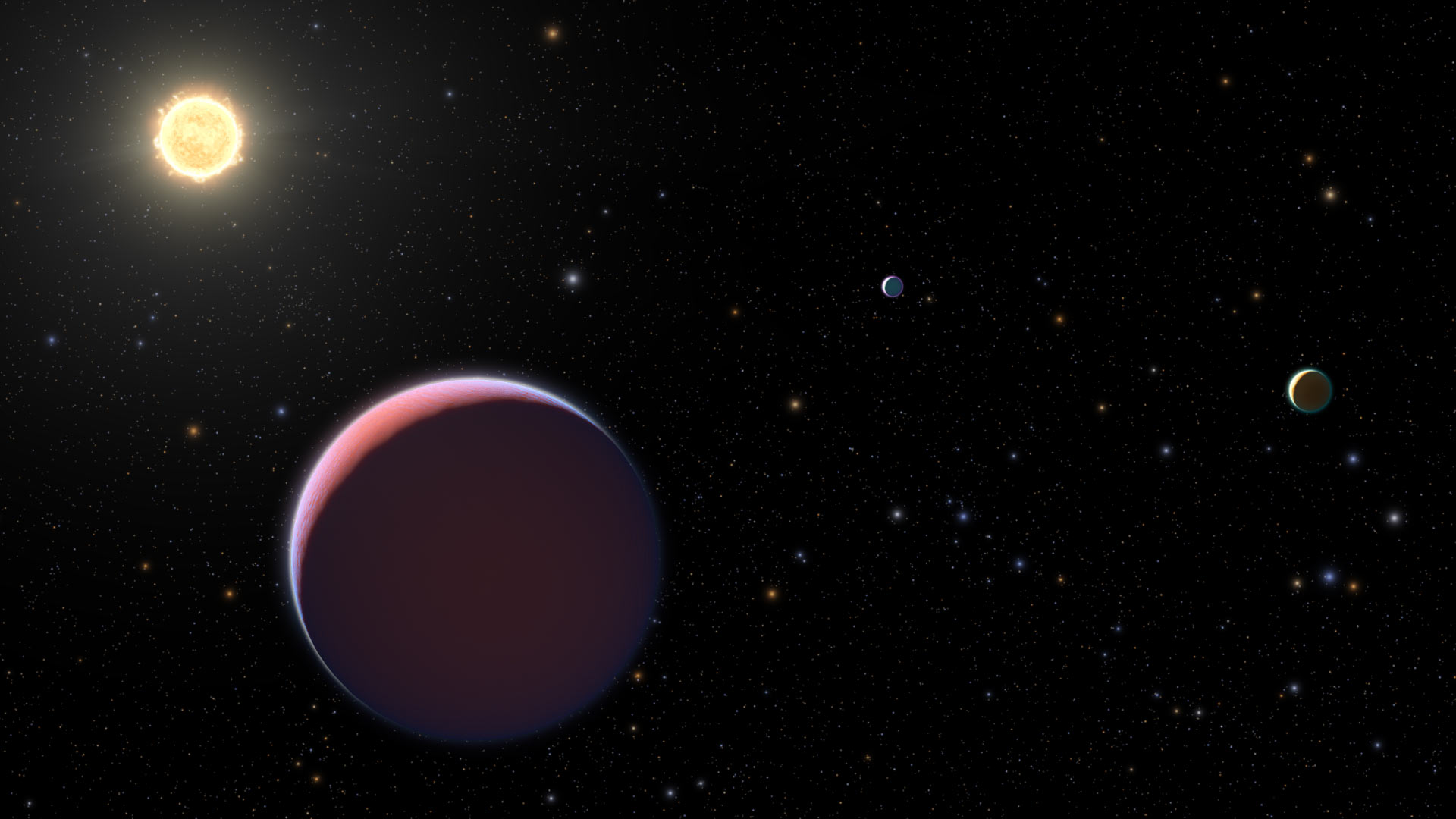 An illustration of three exoplanets in space. There's also a star in the background.