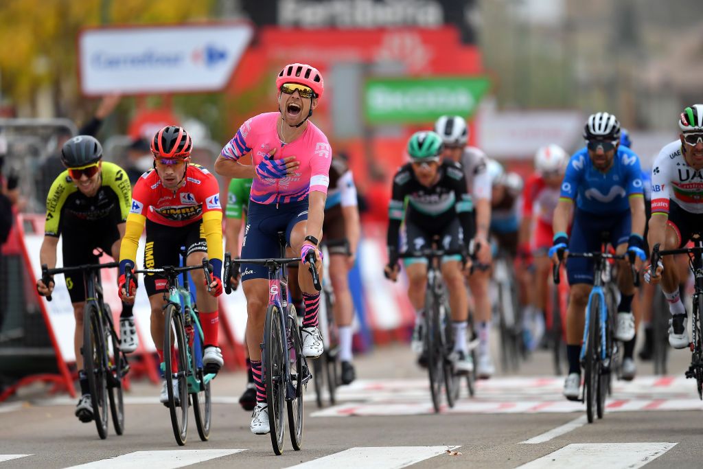 CIUDADRODRIGO SPAIN NOVEMBER 06 Arrival Dion Smith of New Zealand and Team Mitchelton Scott Primoz Roglic of Slovenia and Team Jumbo Visma Red Leader Jersey Magnus Cort Nielsen of Denmark and Team EF Pro Cycling Celebration during the 75th Tour of Spain 2020 Stage 16 a 162km stage from Salamanca to Ciudad Rodrigo lavuelta LaVuelta20 La Vuelta on November 06 2020 in Ciudad Rodrigo Spain Photo by Justin SetterfieldGetty Images
