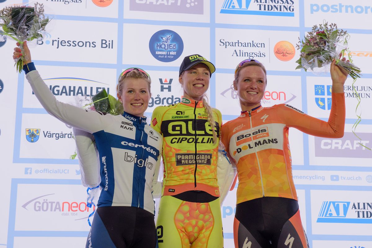 Top three: Emilia Fahlin, Lotta Lepist&ouml; and Chantal Blaak at the 141 km road race of the UCI Women's World Tour's 2016 Crescent V&aring;rg&aring;rda