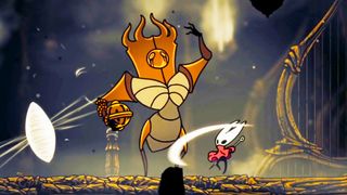 A screenshot of Hollow Knight Silksong where main character Hornet takes a swipe at The Last Judge, one of the action game's bosses. A bug-like creature stands on two legs wearing bronze armor. She towers over Hornet as the heroine swings at her legs with her needle weapon.