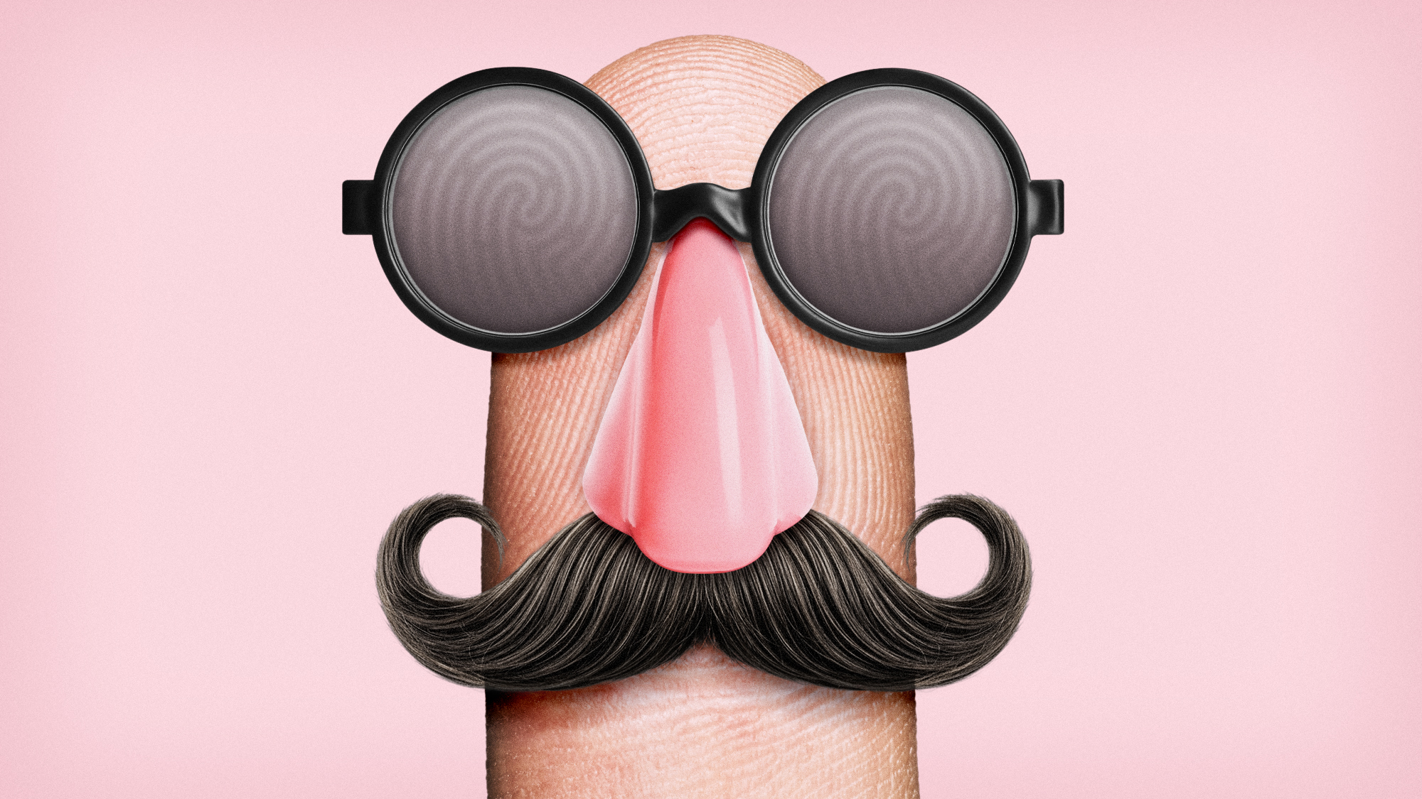 Illustration of an index finger wearing a disguise of glasses, nose and false moustache