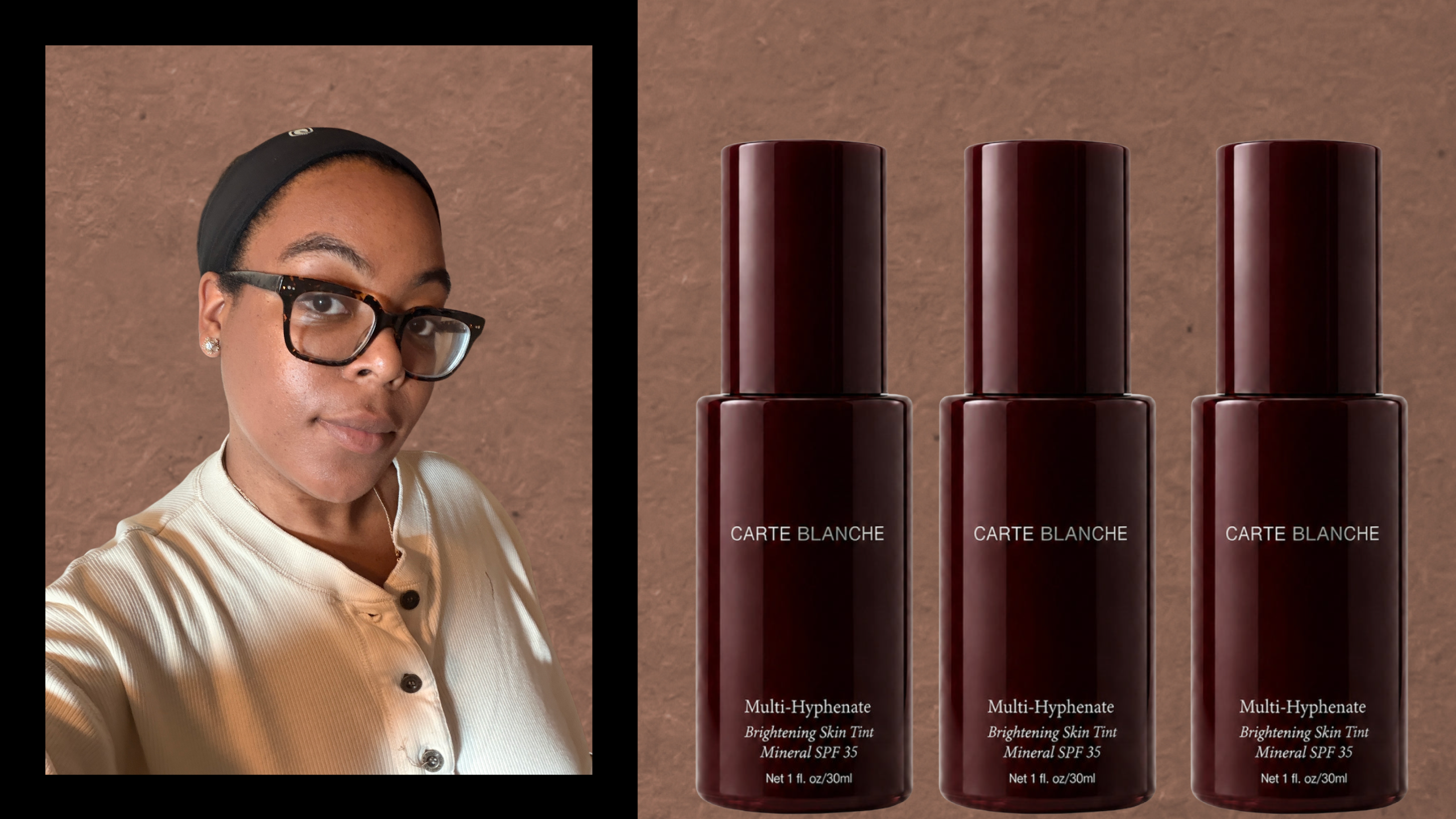 A woman with brown skin wearing a black headband and white shirt next to three oxblood colored bottles with matching caps on top of them