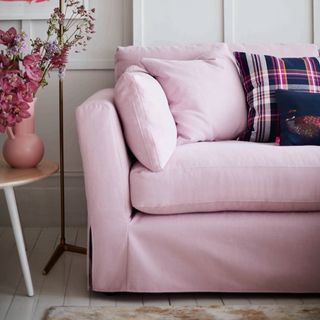 room with pink pillow and sofa