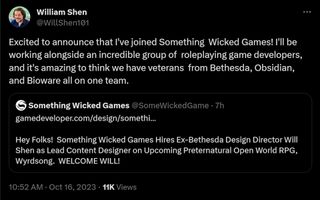 Excited to announce that I've joined Something Wicked Games! I'll be working alongside an incredible group of roleplaying game developers, and it's amazing to think we have veterans from Bethesda, Obsidian, and Bioware all on one team.
