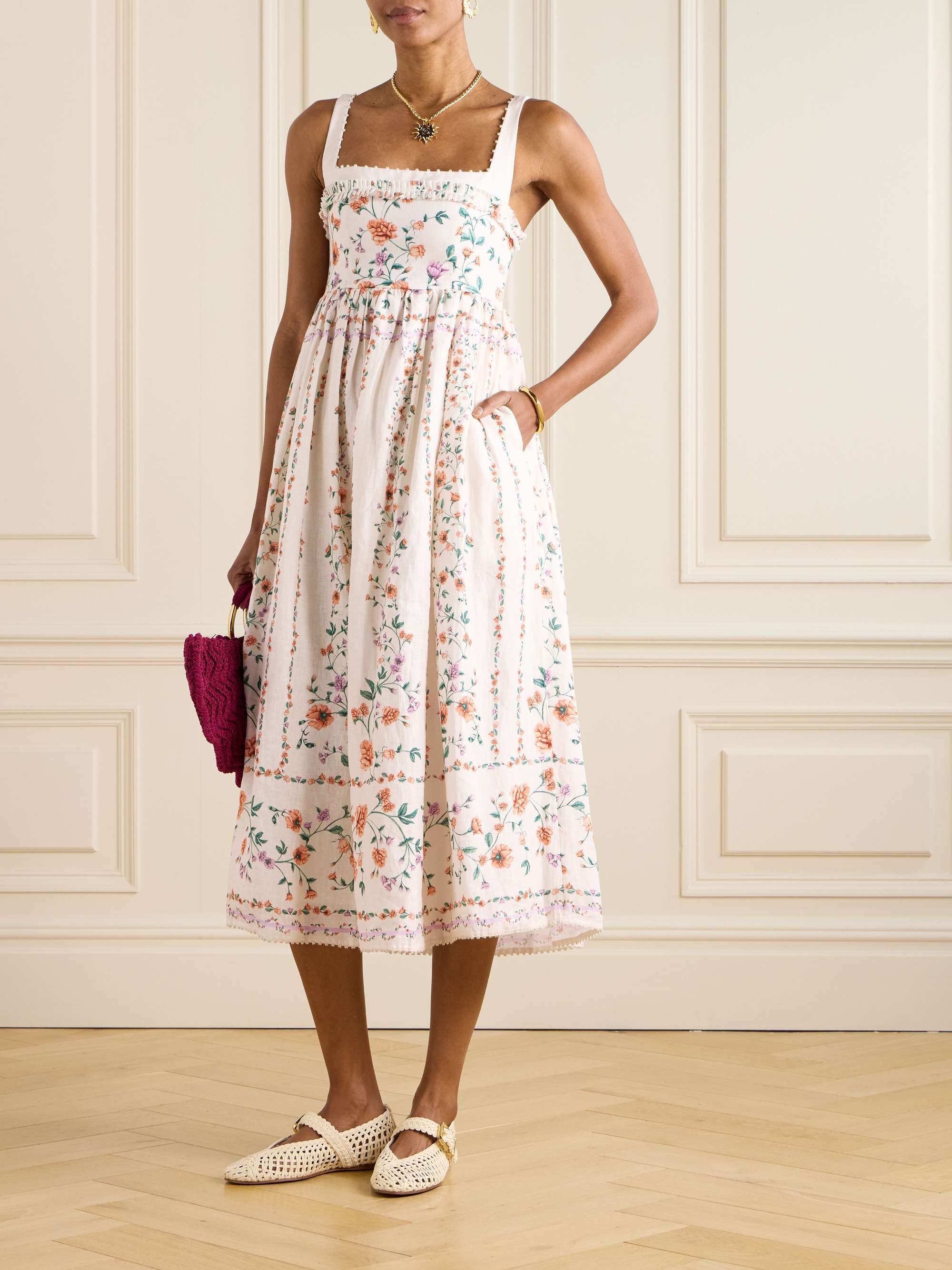 Barbara Pleated Bead-Embellished Floral-Print Linen Midi Dress