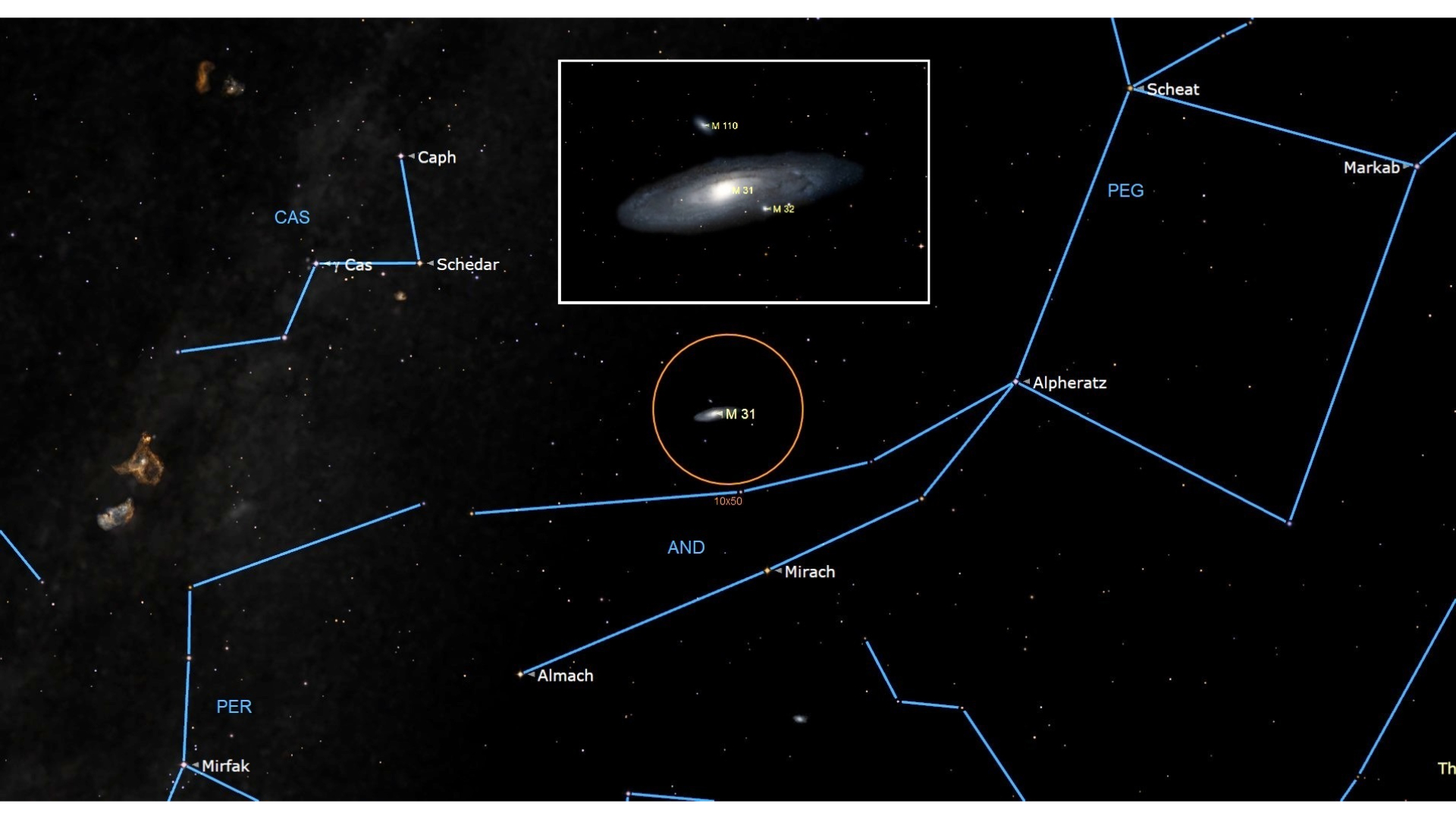 A detailed map of the night sky with a small orange circle in the middle surrounding a white smudge. Above the circle a white box shows a zoomed-in image of the Andromeda Galaxy