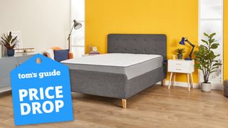 The Nectar Memory Foam Mattress on a grey fabric bed frame placed against a yellow wall