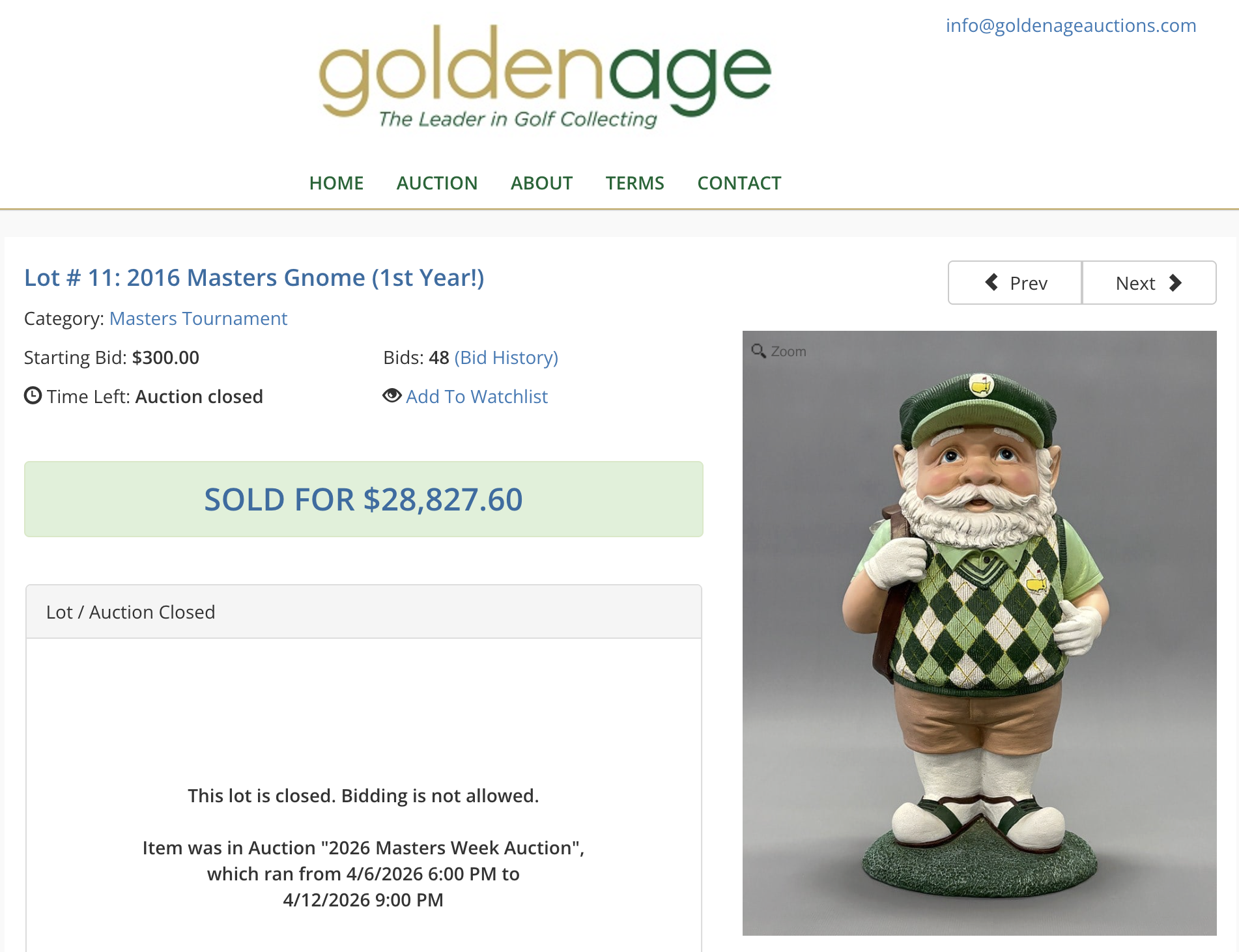 A screenshot of a Masters gnome being sold for almost $29,000 on Golden Age Auctions' website