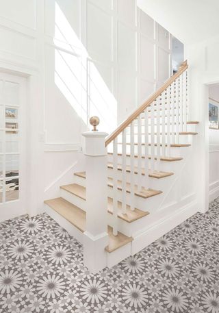 white staircase with white wood panelling