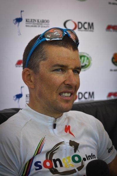Christoph Sauser is interviewed after the stage.