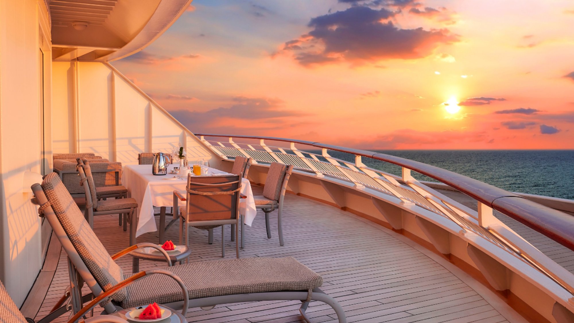 Balcony on board The World at sunset
