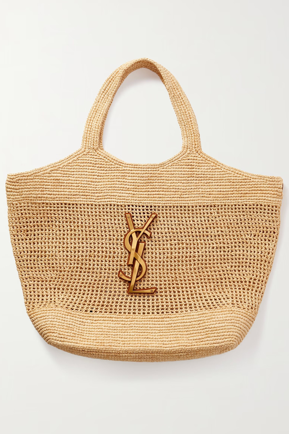 YSL Icare Maxi Embellished Leather-Trimmed Raffia Tote 
