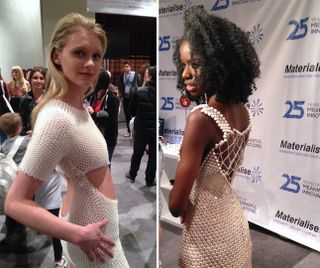 Two selective laser sintered dresses: the one at left of stretchy TPU and the one at right of rigid, interlocking polyamide pieces - with embedded Swarovski crystals.