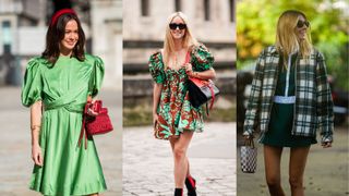 Composite image of 3 green mini dresses in street style fashion