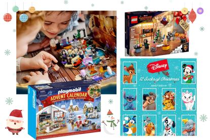 A collage of toy advent calendars for kids, on sale for Black Friday