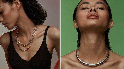 Woman wearing a gold and silver chain necklace and a simple silver necklace against a green background