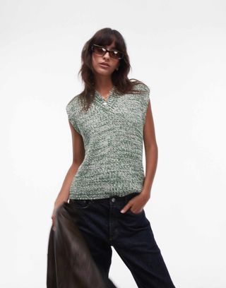 Topshop Knitted V-Neck Multi Chenille Vest in Green