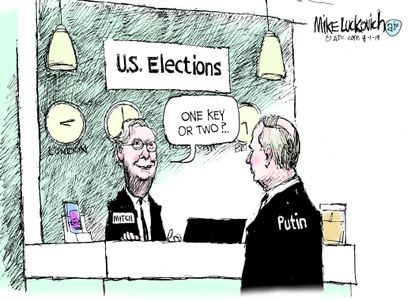 Political Cartoon U.S. Trump McConnell Motel Room Russian Election Interference