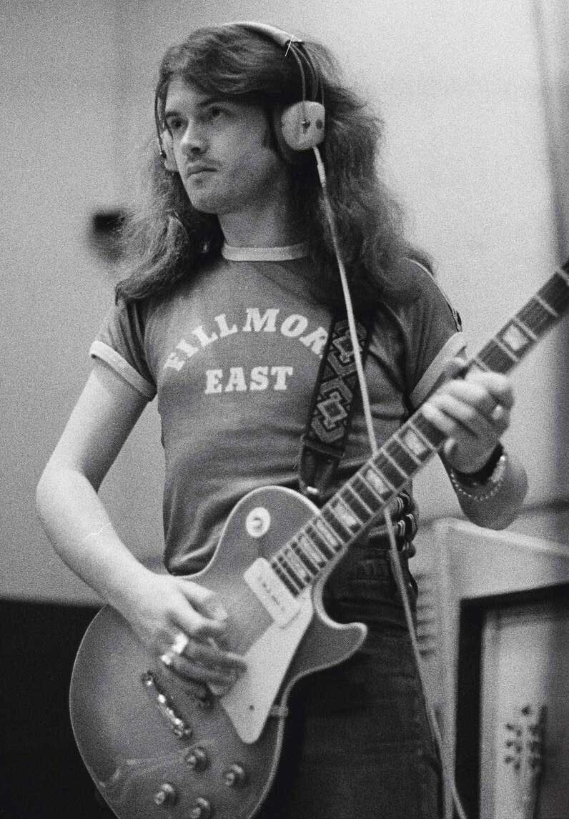 Guitarist Glenn Hughes from rock group Trapeze performs in a rehearsal studio in London in 1973