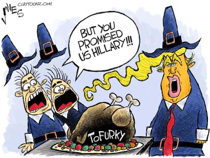 Political cartoon U.S. Donald Trump false promises Hillary Clinton Thanksgiving