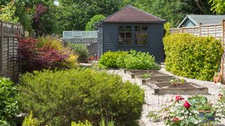 Backyard view showing shed