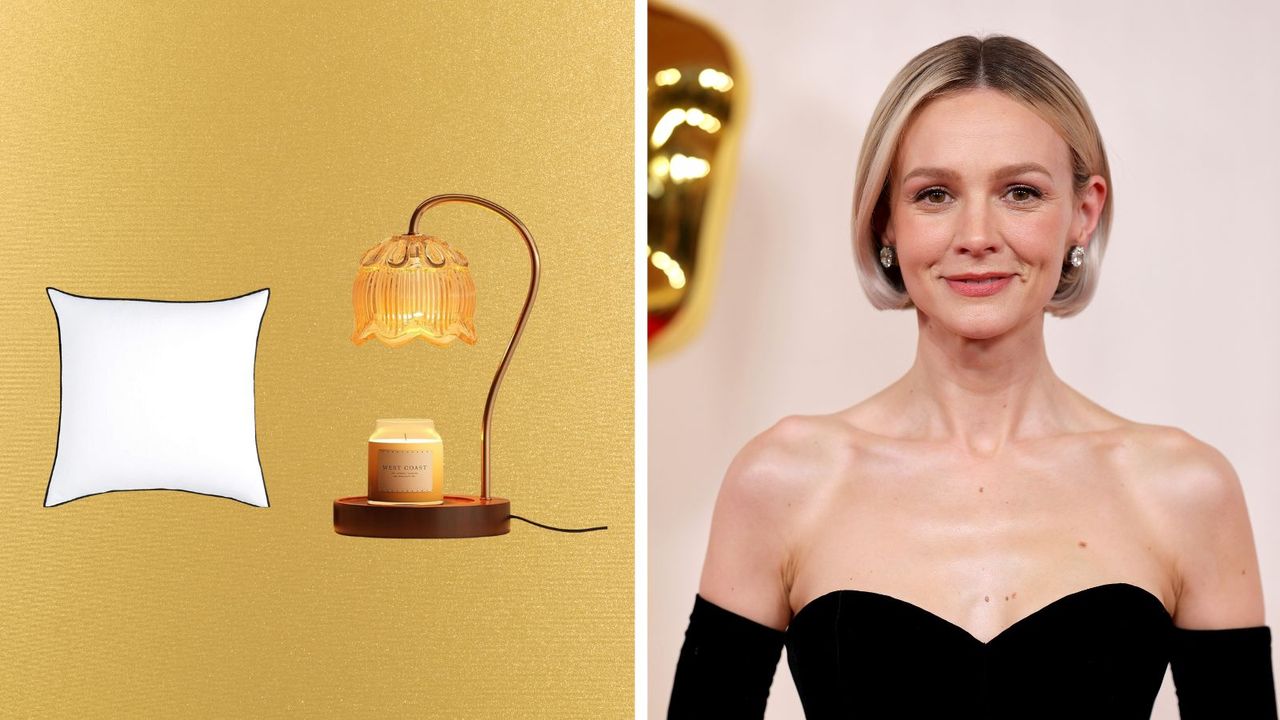 Carey Mulligan in a black dress at the 2024 Oscars next to a gold background with mid century modern, old-school hollywood decor including a lamp and black and white pillow